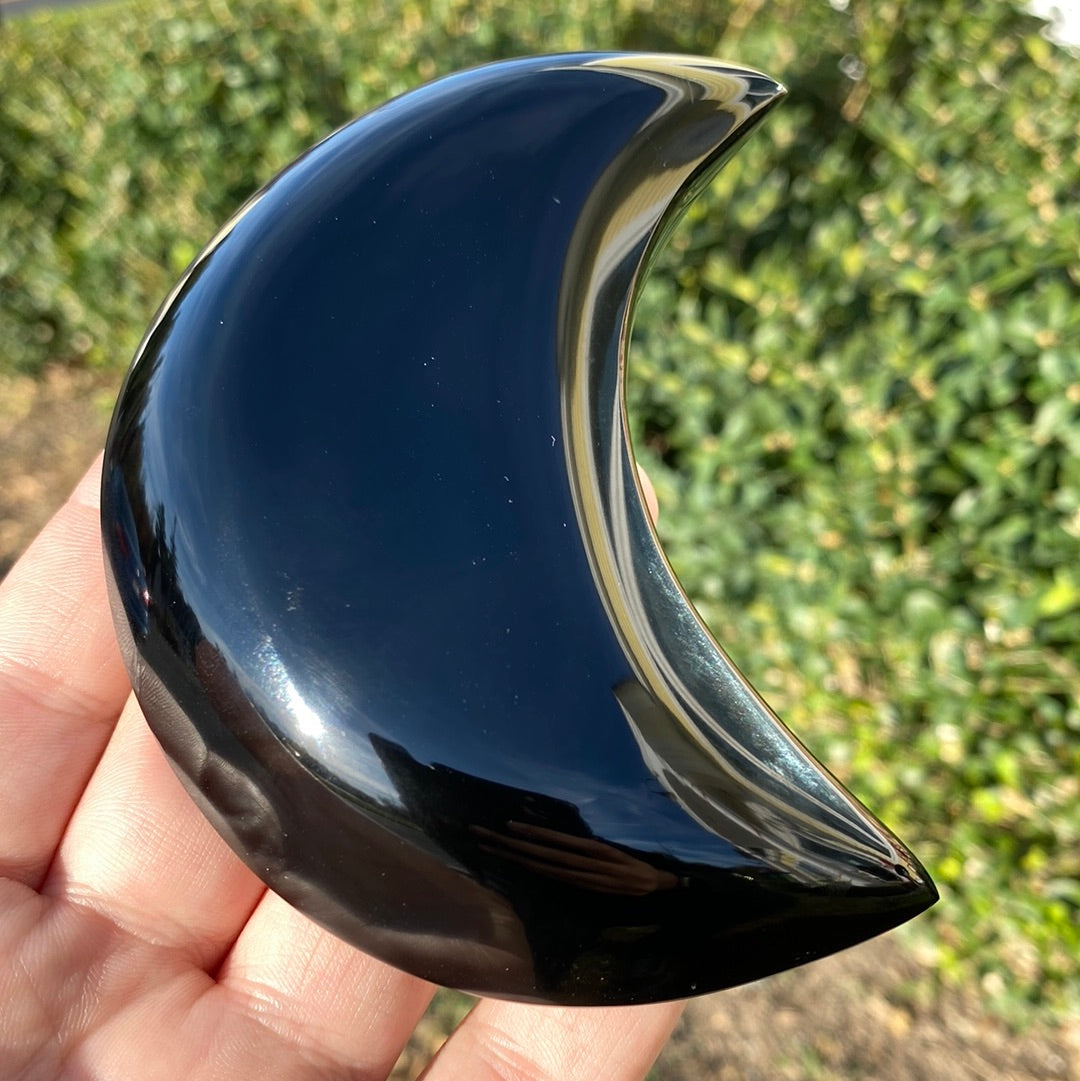 Cast a Stone: Obsidian Gemstone Crescent Moon - The great protector, the great purifier: Obsidian will rapidly get to the root of your trauma, no matter how deeply it is hidden, and will effectively release the blocks that have been placed in your way.