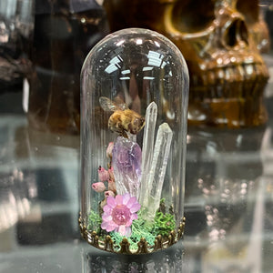 Artisan-made Little Bee Terrarium, featuring local honey bees and a variety of flowers