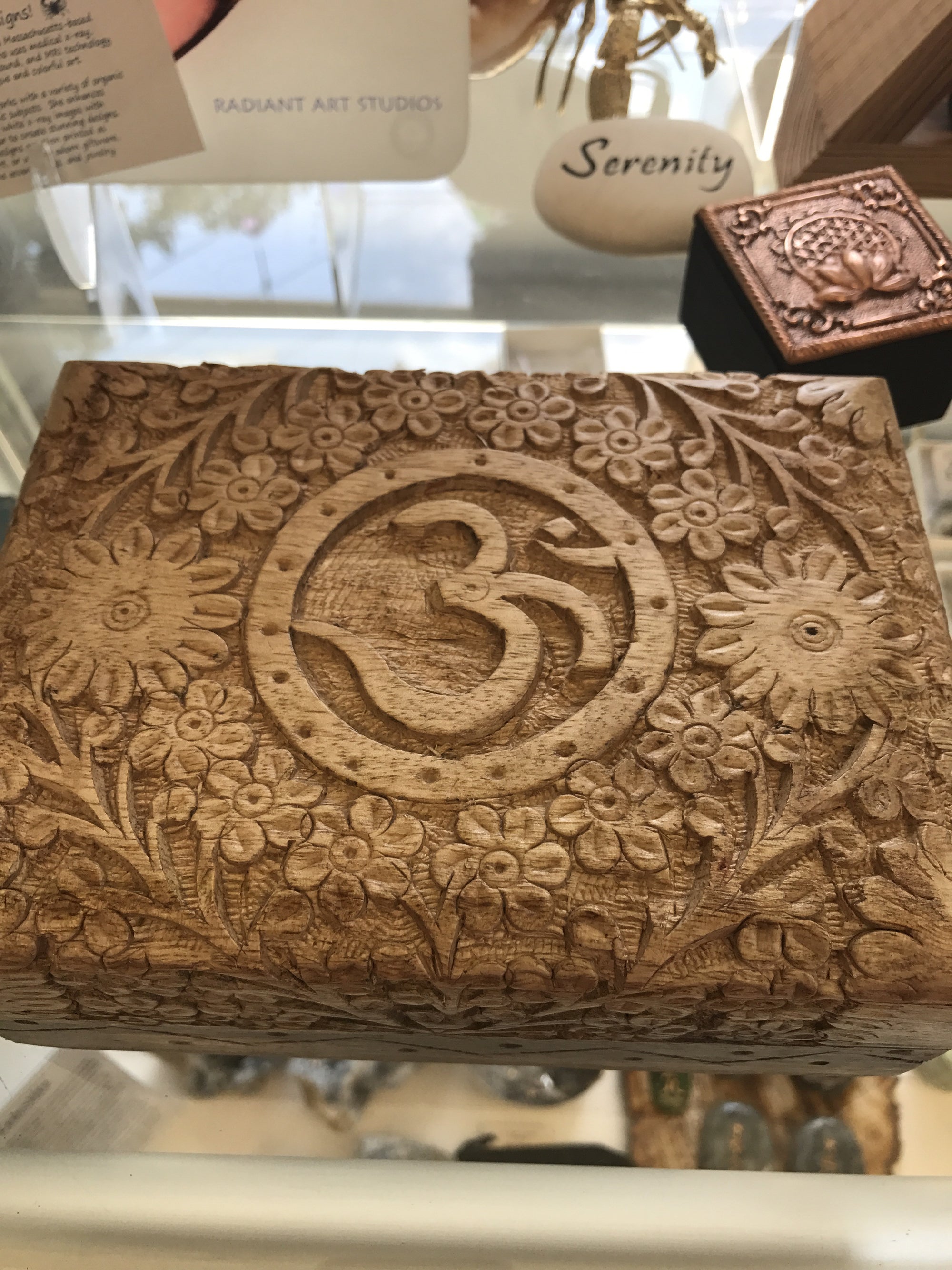Carved wood Om lined box - Cast a Stone