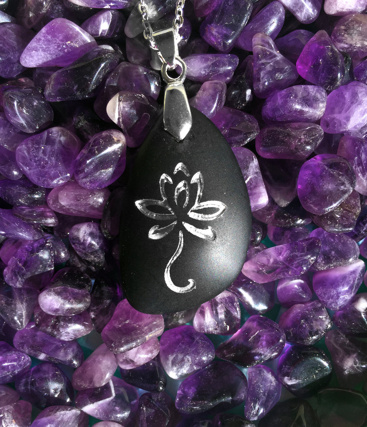 Lotus Flower in bloom engraved Ocean beach Sea Glass pendant - Symbol of Peace and Pureness in Life - Cast a Stone