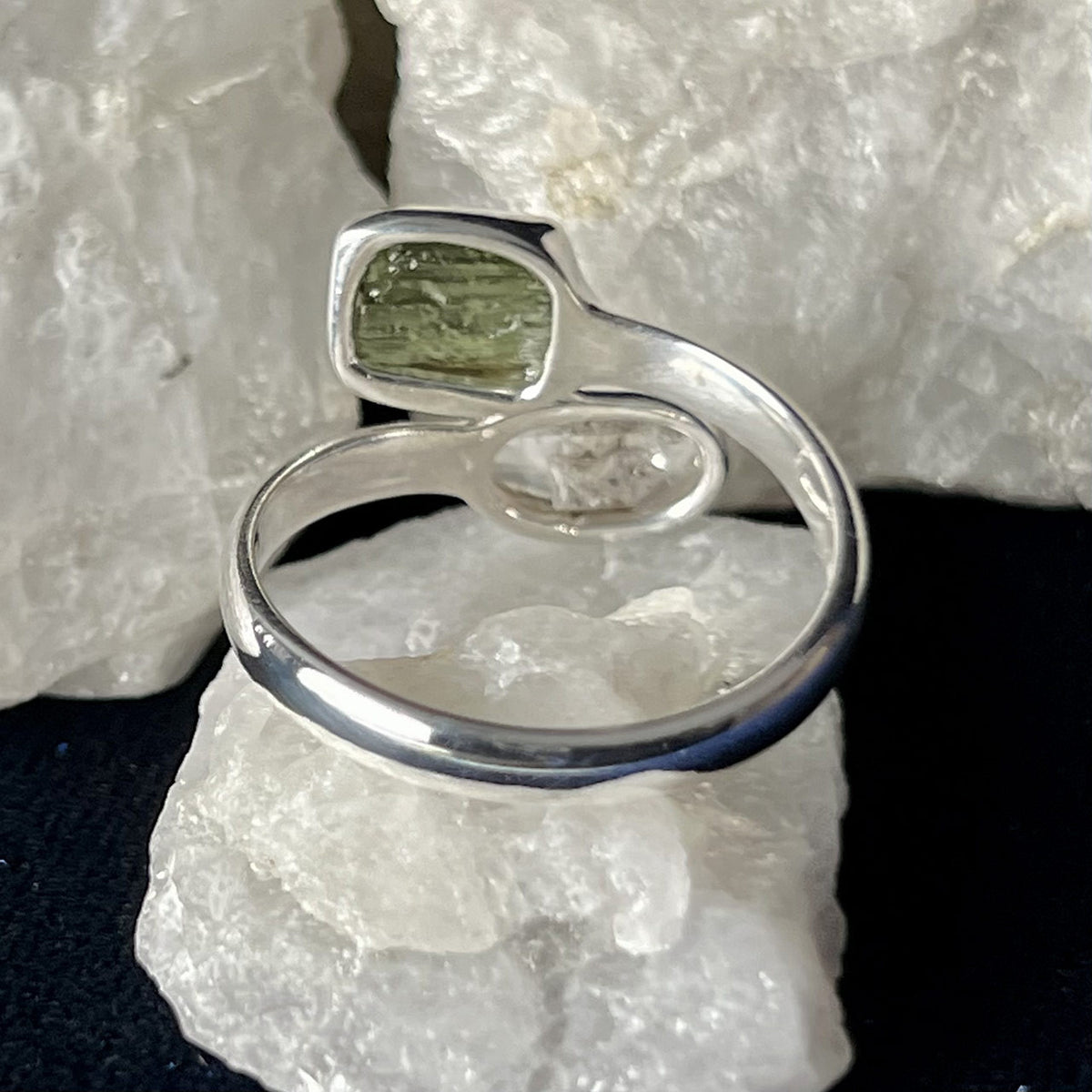 Moldavite With Herkimer Diamond Sterling Silver Ring