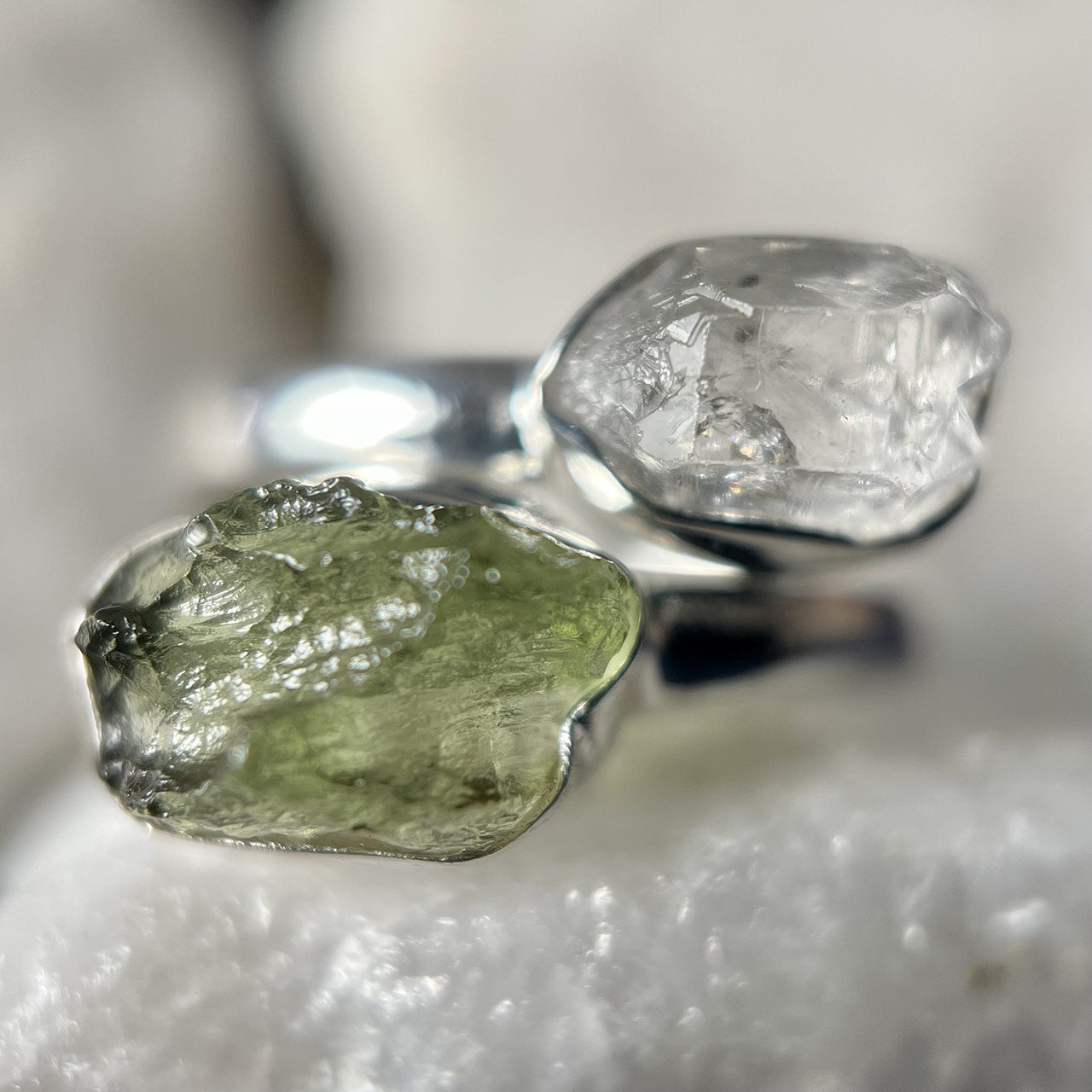 Moldavite With Herkimer Diamond Sterling Silver Ring