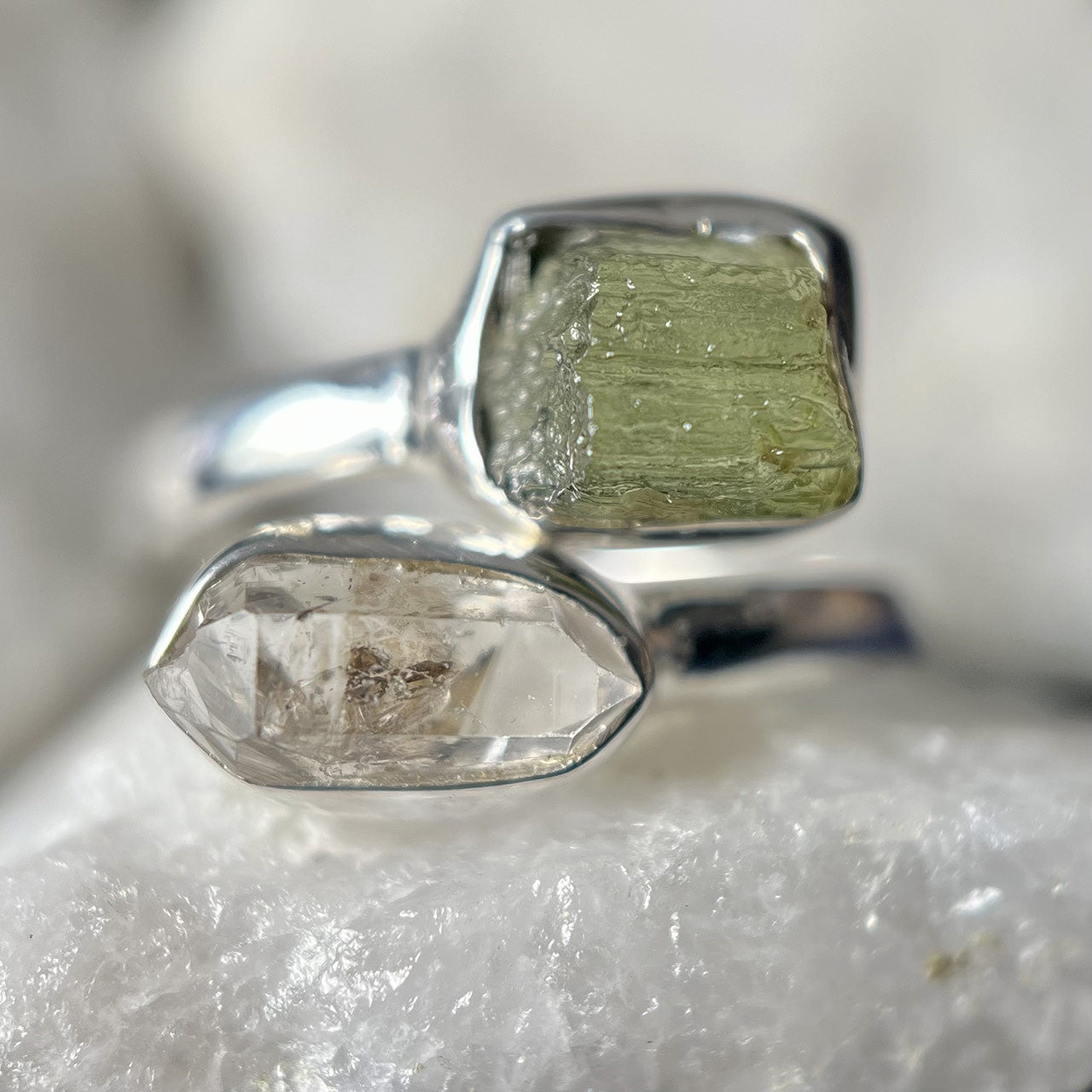 Moldavite With Herkimer Diamond Sterling Silver Ring