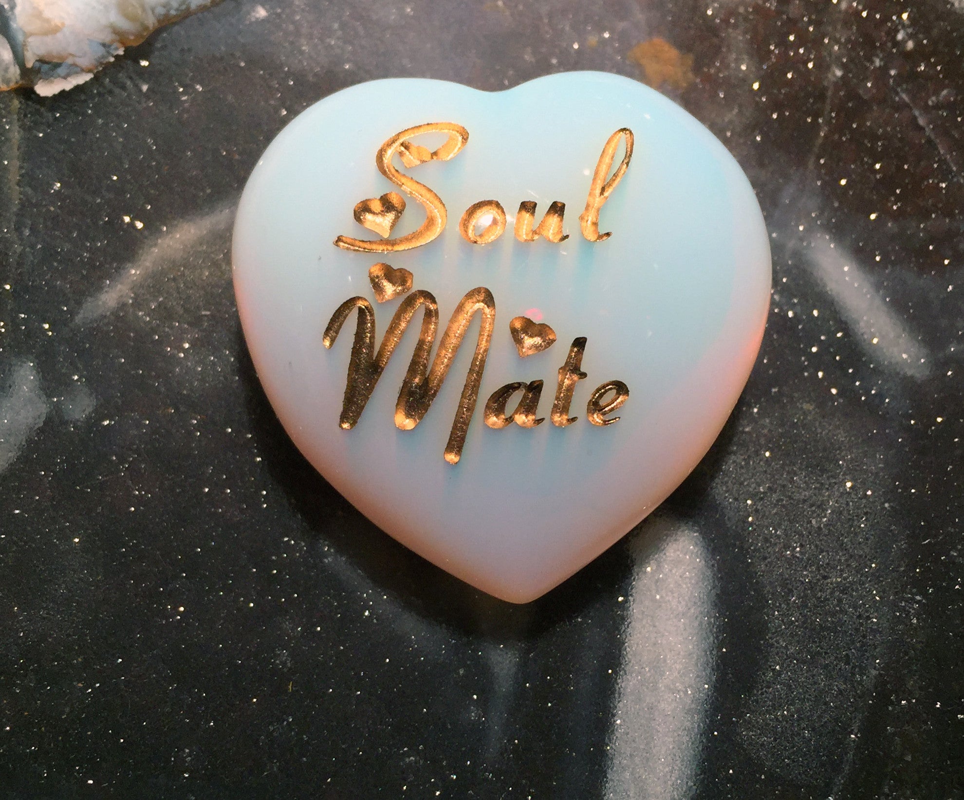 New! Soul Mate Intention Heart ~ Engraved Fiery Opalite crystal ~ The stone of Manifesting - Cast a Stone
