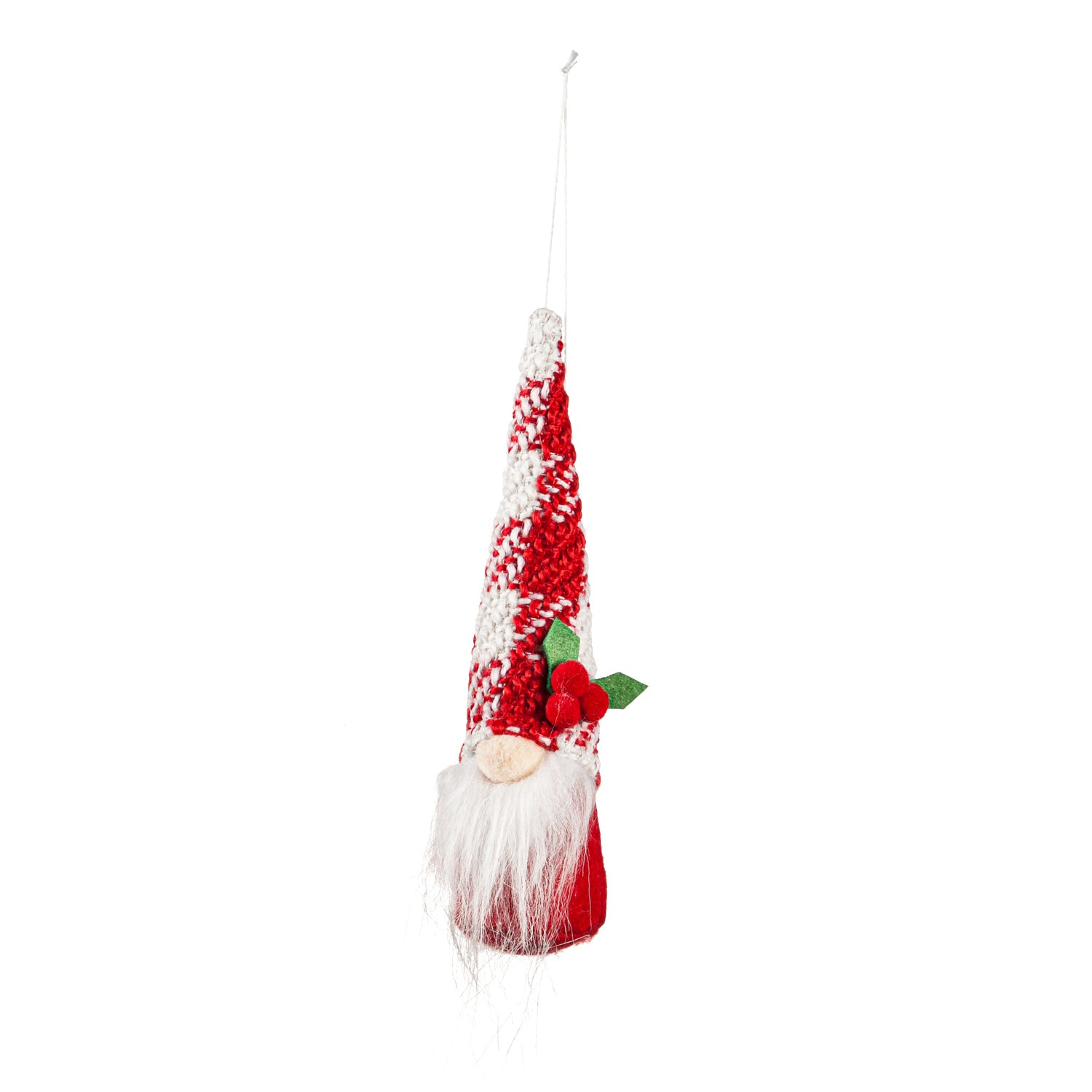 Fabric Holiday Gnome Ornament with Holly Berries