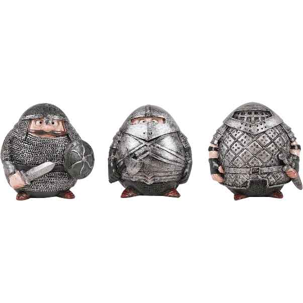 Brave knights don&#39;t have to be straight and tall but can be round and adorable like these Round Mini Knight Statues. Made from cold-cast resin, each of these hand-painted knight statues has its own individual armor and weapons. All three figures are very round. They have an almost ball-shaped figure. These adorable figurines make a great addition to any medieval home decor or collection.