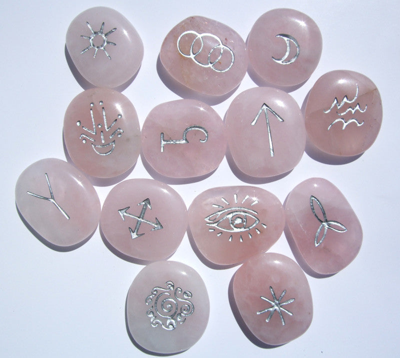 Rose Quartz Witch's Runes in Silver (set of 13) - Cast a Stone