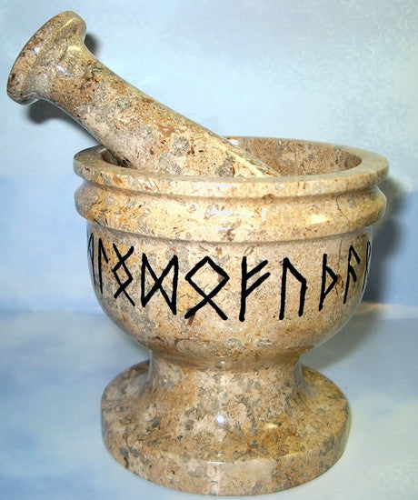 Runic Mortar and Pestle on Fossil -all 24 Rune symbols - Cast a Stone
