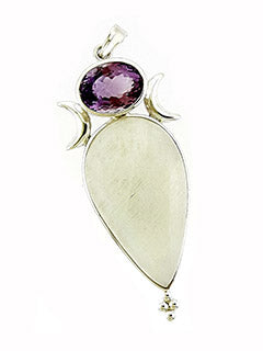 Large Goddess Rainbow Moonstone and faceted Amethyst Pendant