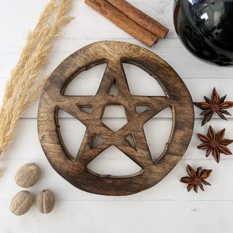 Wooden Pentacle Altar Tile And Sphere Stand - 4"